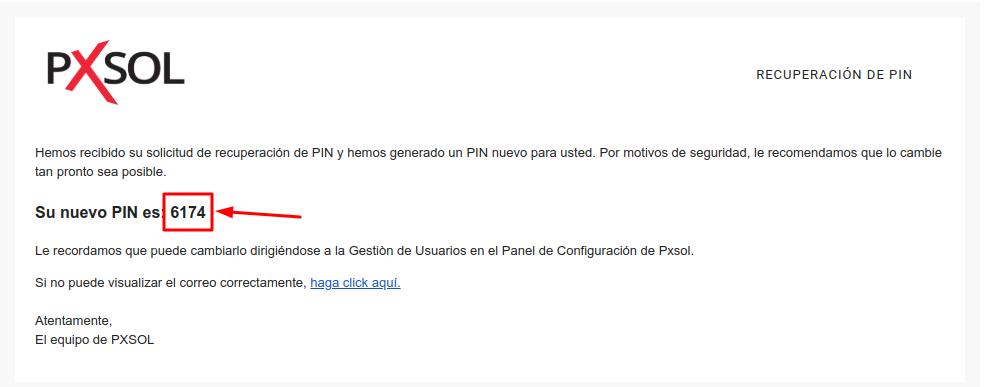 Ejemplo de correo electrónico con el nuevo PIN.
