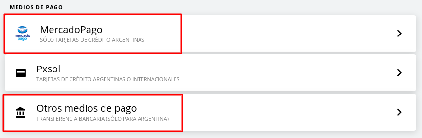 Opciones de medios de pago