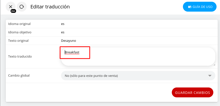 Ventana de edición de traducción.