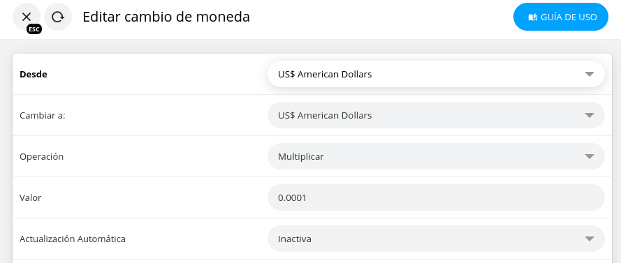 Selección de tipos de moneda
