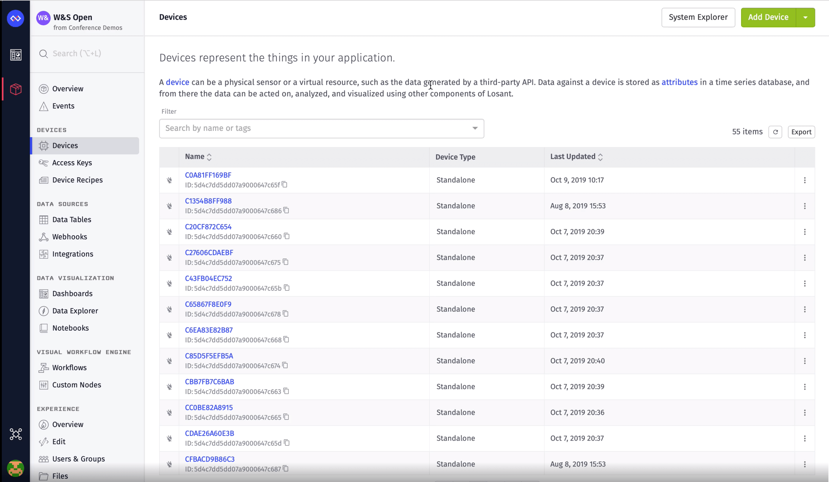 device and data sources view