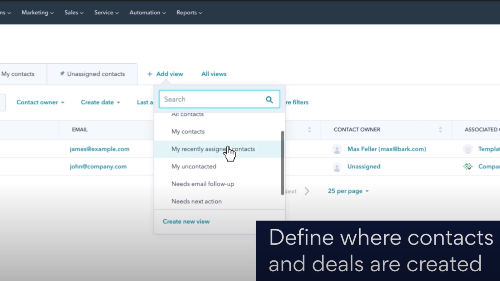 Define where contacts and deals are created