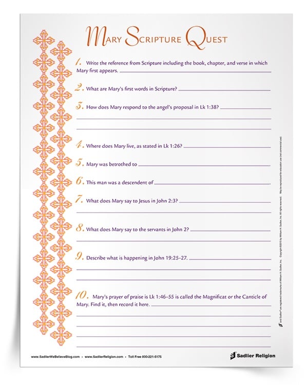 Printable Mary Scripture Quest Bible Worksheet for Catholic Youth